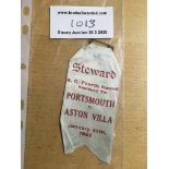 31/32 Aston Villa v Portsmouth Stewards Badge: Silk pennant style badge dated 27 1 1932 with 4th