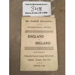 1913 Ireland v England Football Itinerary: England players programme of arrangements with list of 13