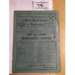 37/38 West Ham v Newcastle United Football Programme: Dated 30 10 1937 in good condition with no