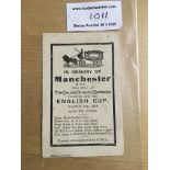 1909 Swindon Town v Manchester City Memorial Card: As was common in this day a memorial card