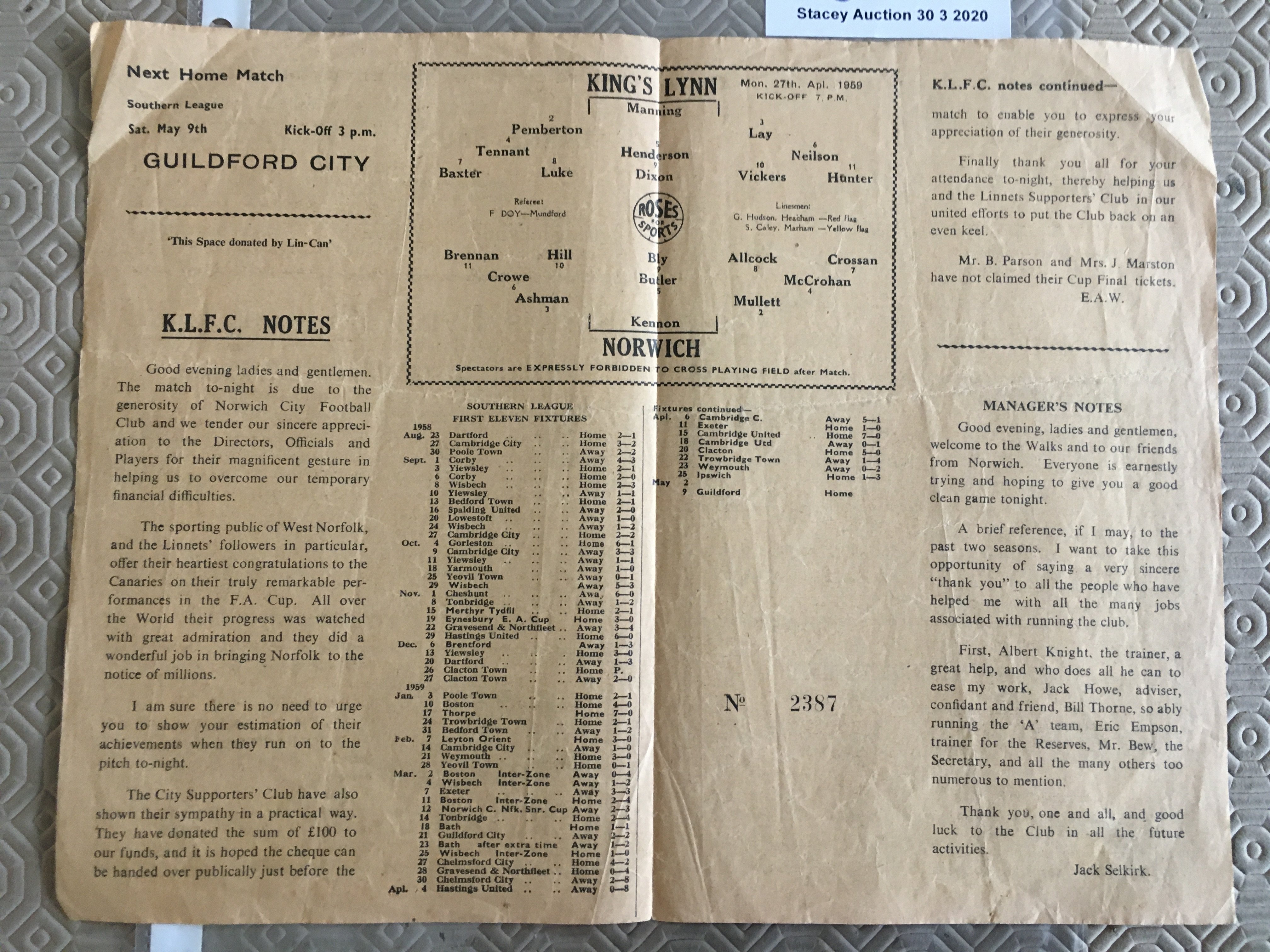 58/59 Kings Lynn v Norwich City Football Programme: Dated 27 4 1959. Match arranged to help Kings - Image 2 of 2