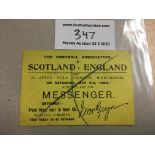 1902 England v Scotland Football Ticket: Full International played at Aston Villa dated 3 5 1902.