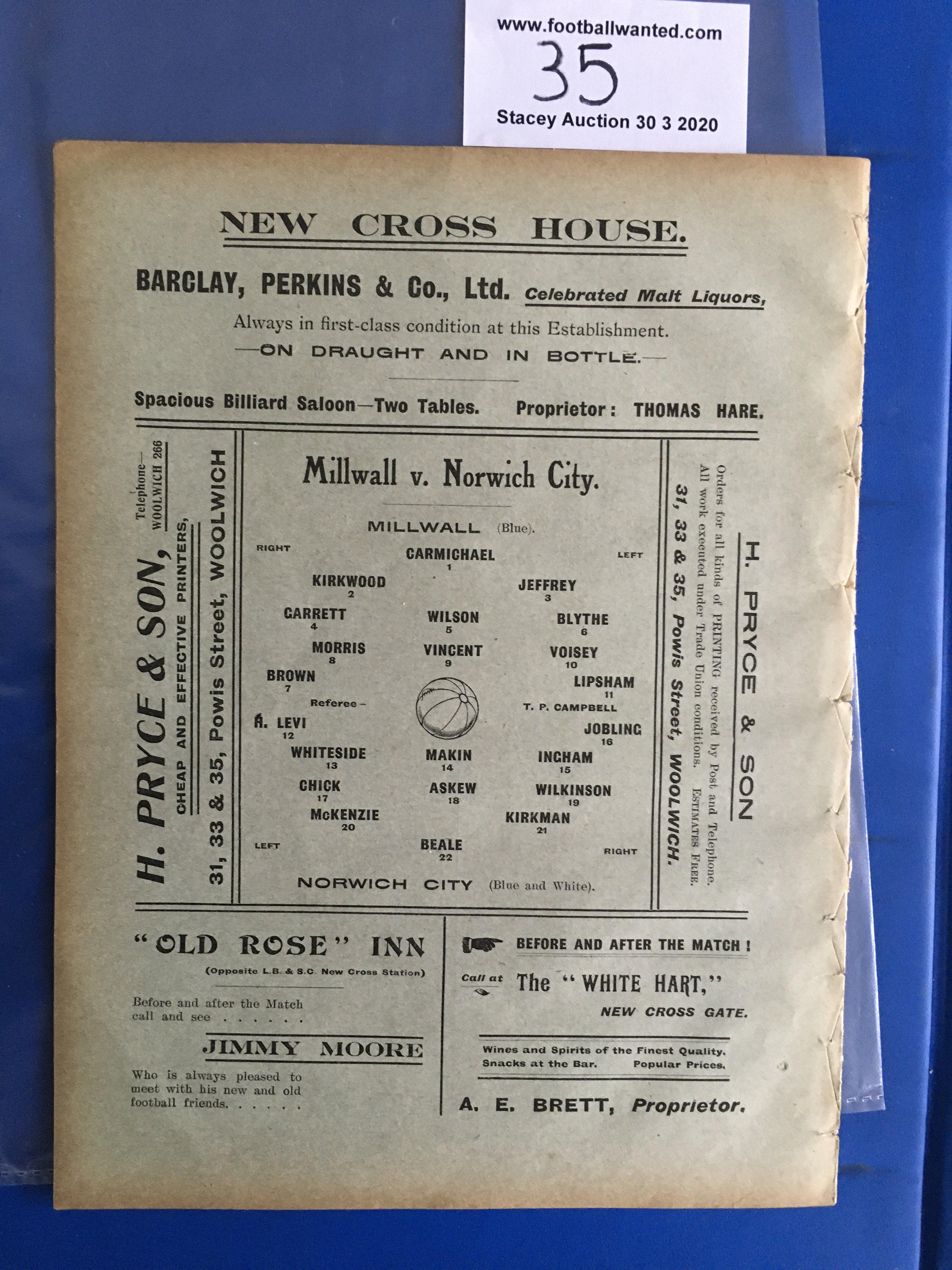 1910/11 Millwall v Norwich City Football Programme: First team Southern League Division One match - Image 2 of 2