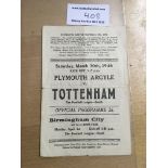 45/46 Plymouth Argyle v Tottenham Football Programme: Fair/good condition with no team changes.