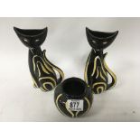 2 1950s west German pottery cat vases plus additional posy vase in similar design - NO RESERVE