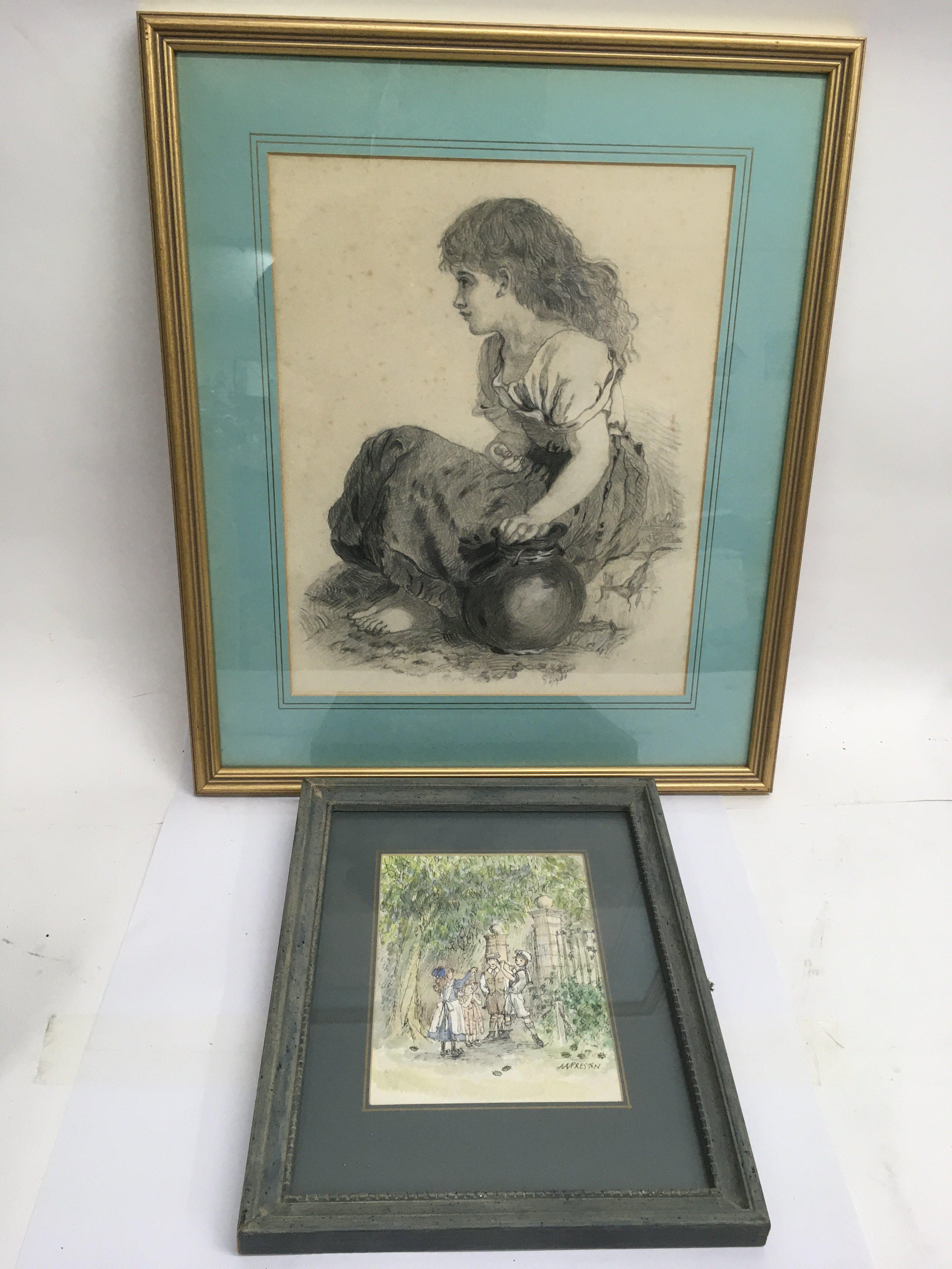 A framed pencil sketch of a girl, signed G.D Jones, '09, and a Edwardian style watercolour '