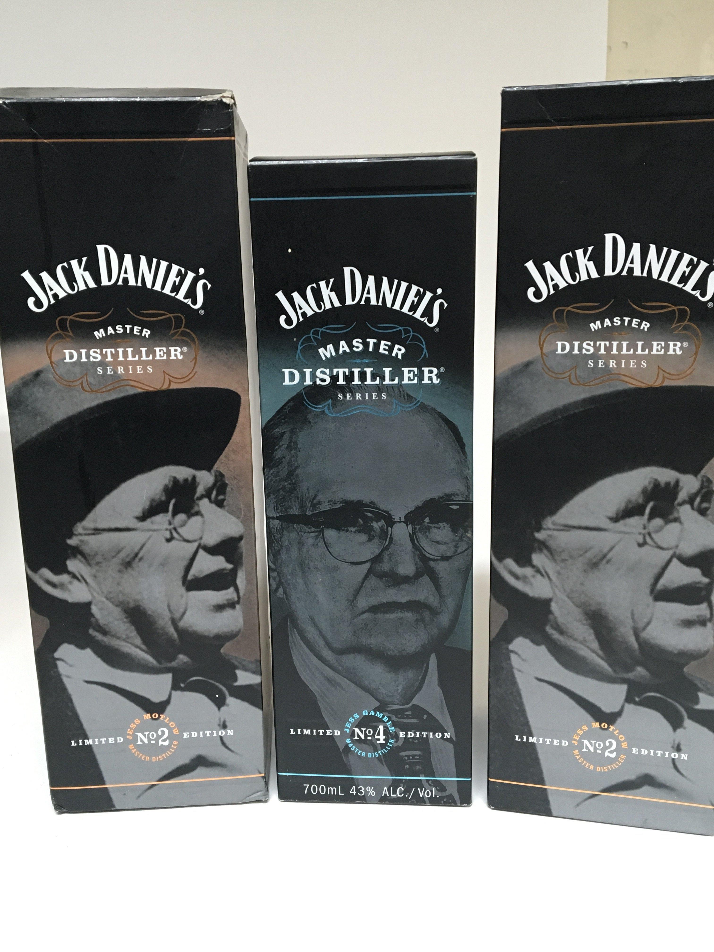 Three bottles of Jack Daniels limited edition No4 Jess Gamble and two bottles of No2 Jess Motlow (