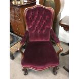 A Victorian mahogany cabriolet legged and red velvet upholstered armchair - NO RESERVE