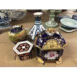 A 19thC porcelain inkwell ( af and restoration) a Crown Derby trinket box, Noritake vase etc.