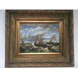 A gilt framed oil painting marine view with sailing ships with a Dutch flag and a smaller rowing