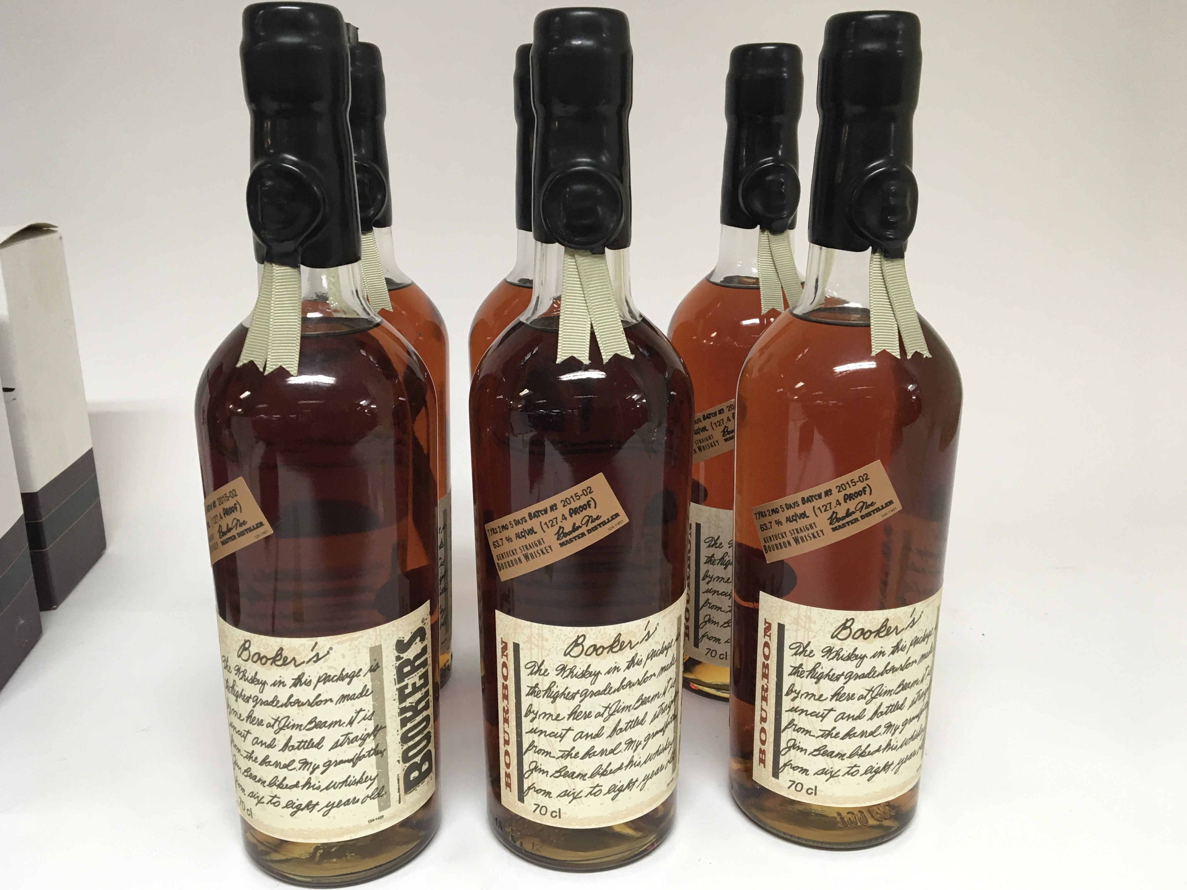 Six bottles of imported Bookers 7 year old Kentucky Bourbon whiskey. Conforming batch numbers 2015-