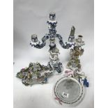 4 ornate porcelain items inc candelabra, wall mirror and posy - NO RESERVE