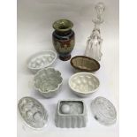 A Doulton Lambeth vase, group of ceramic jelly moulds and a glass bell decanter - NO RESERVE
