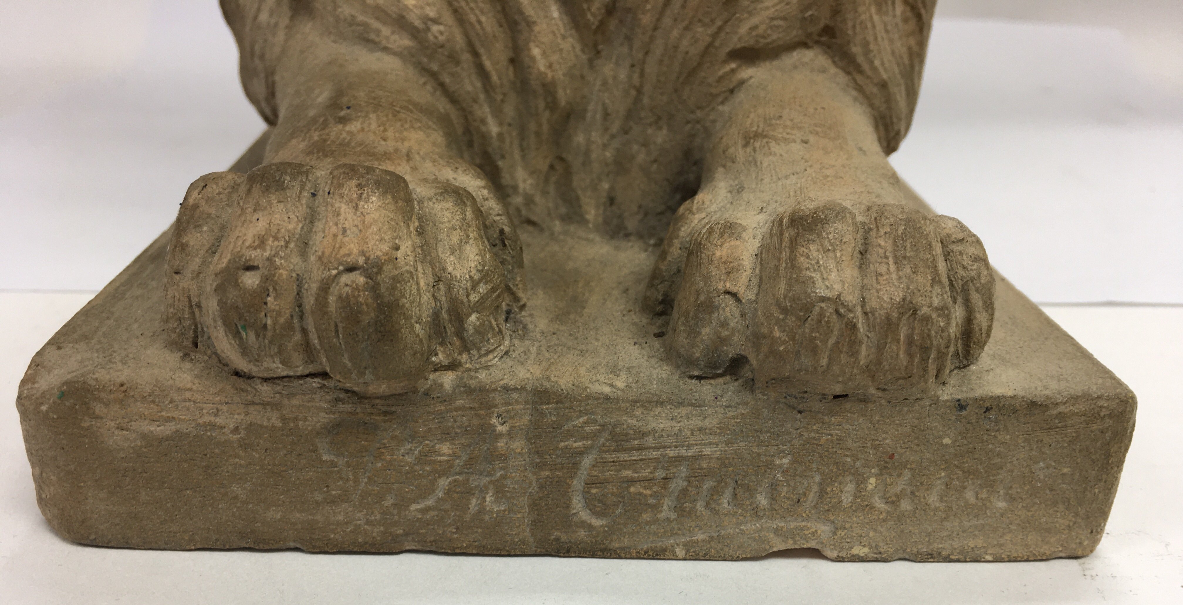 A Signed terracotta sculpture of a resting lion in the style of Landseer c1850. 34.5cm - Image 4 of 7