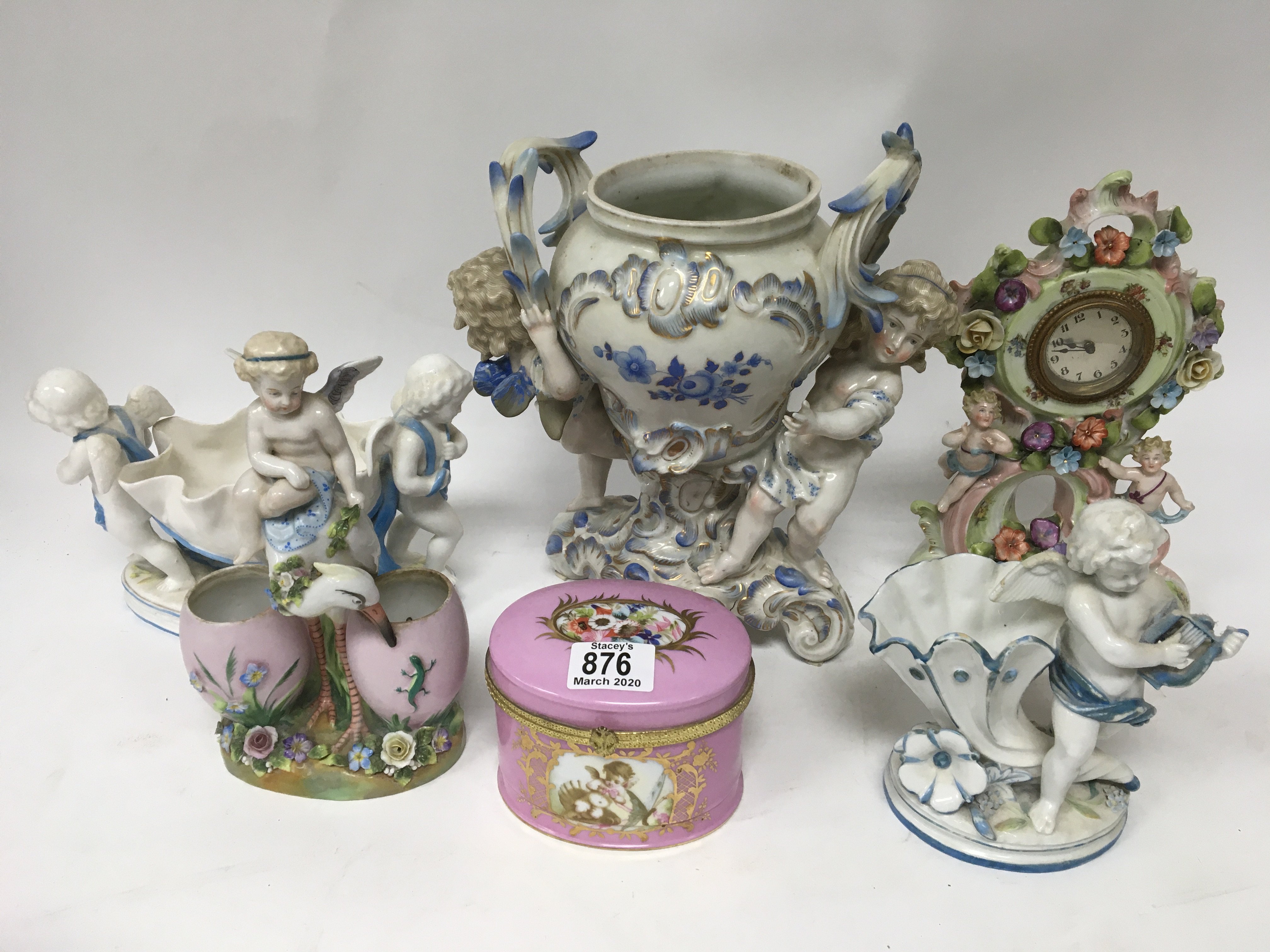 6 European porcelain pieces including a Limoges trinket box, porcelain mantle clock - NO RESERVE