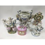 6 European porcelain pieces including a Limoges trinket box, porcelain mantle clock - NO RESERVE