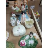 A collection of ceramics comprising a small Belleek Jardiniere a 19th Century hand painted scent