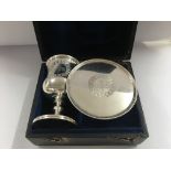 A Victorian Silver travelling communion Cup and plate in a fitted box . 92 grams.cup 7 cm plate 6.