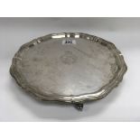 A heavy hallmarked silver 3 footed card tray with marks for Sheffield 1940 by Emile Viners. 26cm