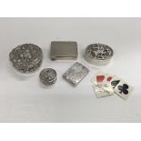 4 small silver pill boxes plus a small hallmarked silver novelty trumps case with marks for