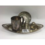 A cased silver jubilee pin dish, a hallmarked silver mug, hallmarked silver cruet and a white