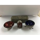 A small silver trinket box Birmingham hallmarks, a Chinese salt with blue glass liner and two