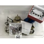 A box of mixed jewellery and silver plated items.