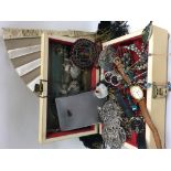 A jewellery box and mixed jewellery contents inc a carved bone fan etc.
