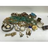 A box of mixed costume jewellery inc 9ct gold and silver jewellery.