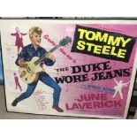 A 1958 UK quad film poster for 'The Duke Wore Jeans' starring Tommy Steele, pin holes to corners and