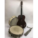 A circa 1950s parlour guitar, two vintage drums etc.