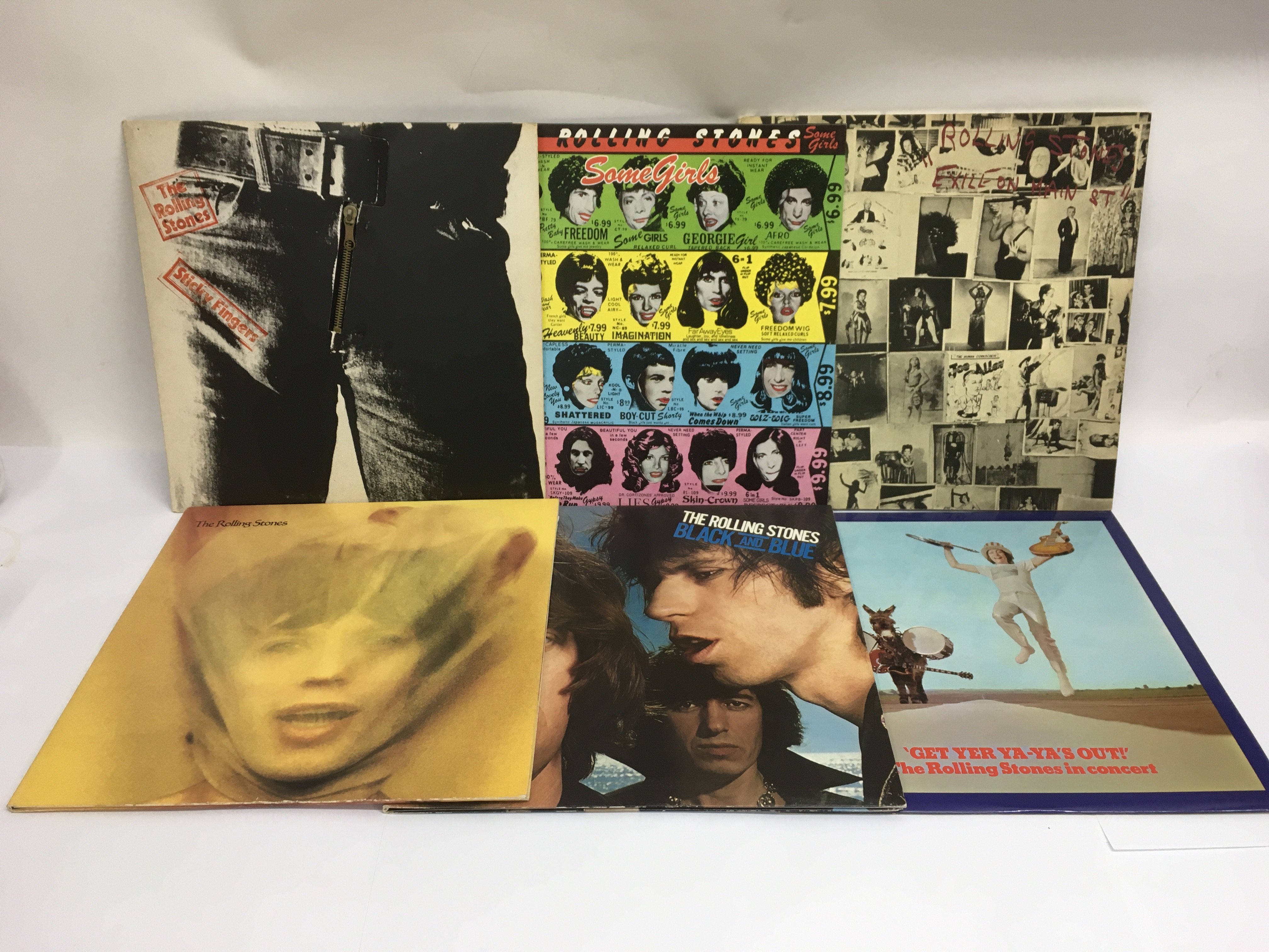 Six Rolling Stones LPs comprising 'Exile In Main Street', 'Sticky Fingers', 'Goat's Head Soup' and