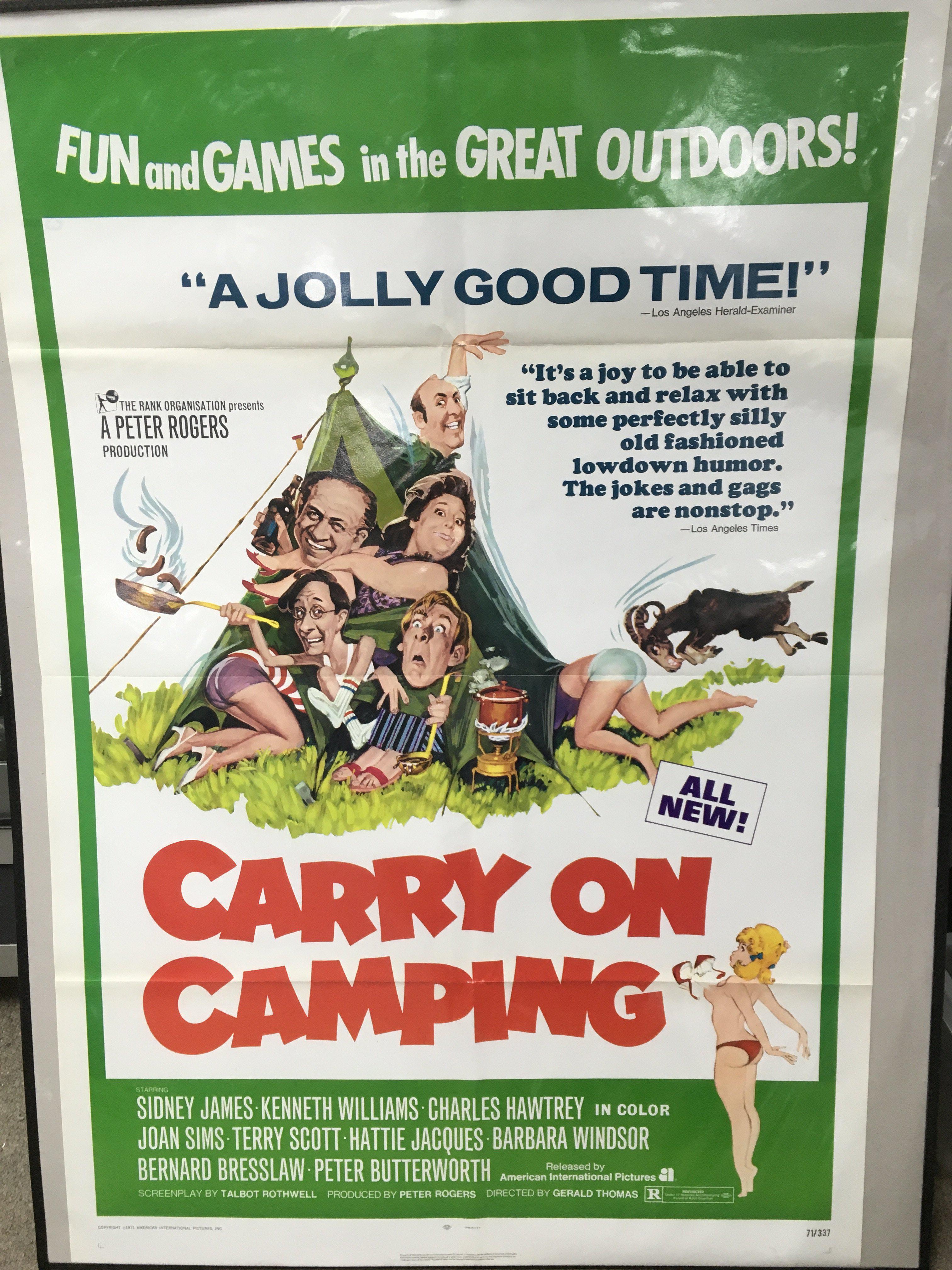 A 1971 US one sheet poster for 'Carry On Camping', approx 69cm x 104cm, folded.