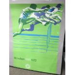 A 1972 Munich olympics poster, approx 59.5cm x 84cm, rolled and in good condition.