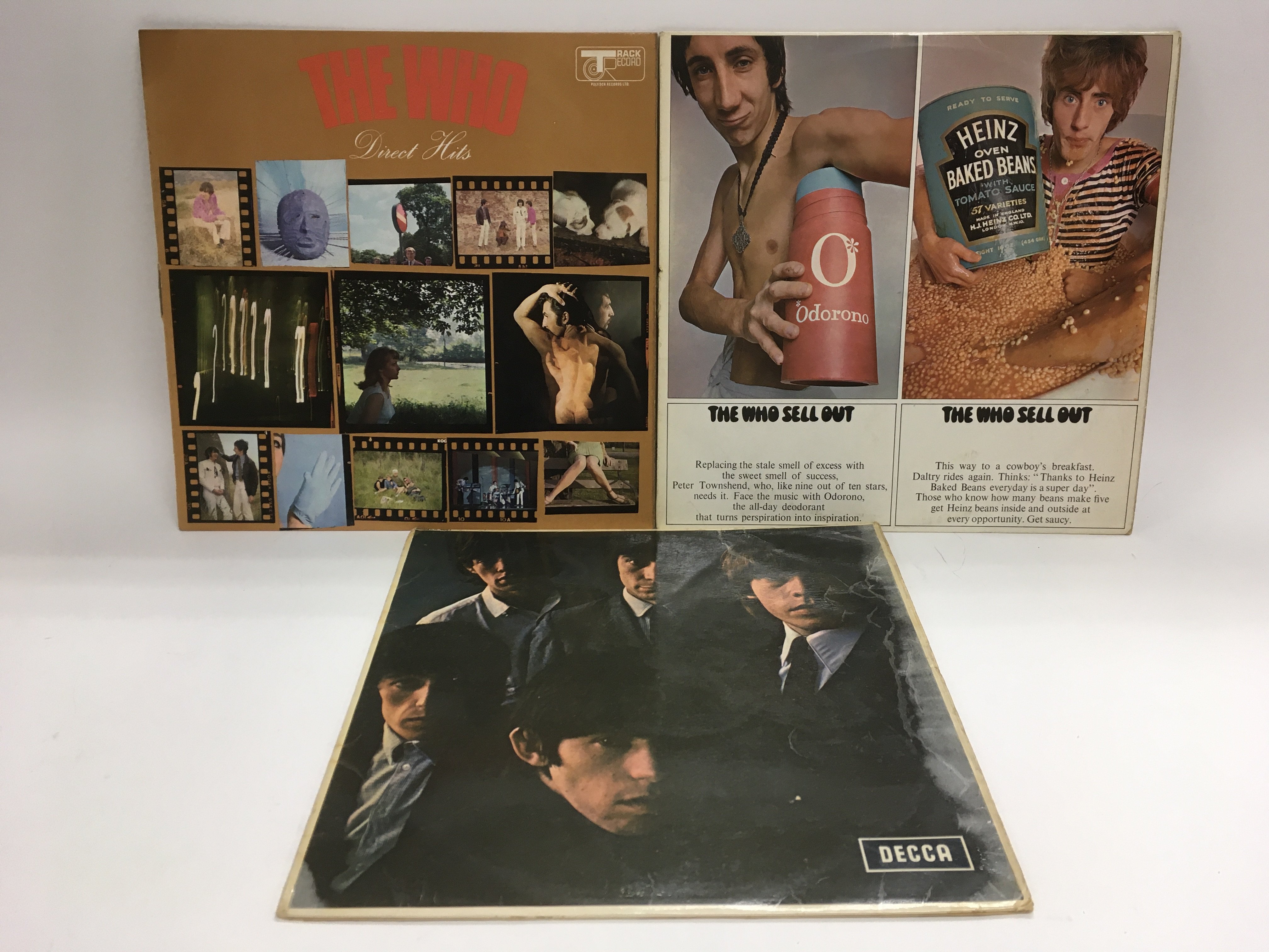 Three LPs comprising 'Rolling Stones No.2', 'The Who Sell Out' and 'The Who - Direct Hits'.