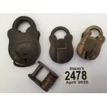 A collection of four small Antique and Vintage brass padlocks.