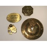 Three Antique brass lock escutcheons and a chubbs patent oval lock plate (4)