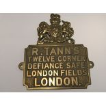 A brass Safe makers plaque R Tanns London Fields. 17x15cm