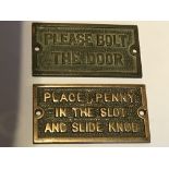 Two original cast brass WC door lock plaques. 8x4cm