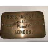 A cast bronze antique safe makers plaque Hobbs Hart & Co London 20x12cm