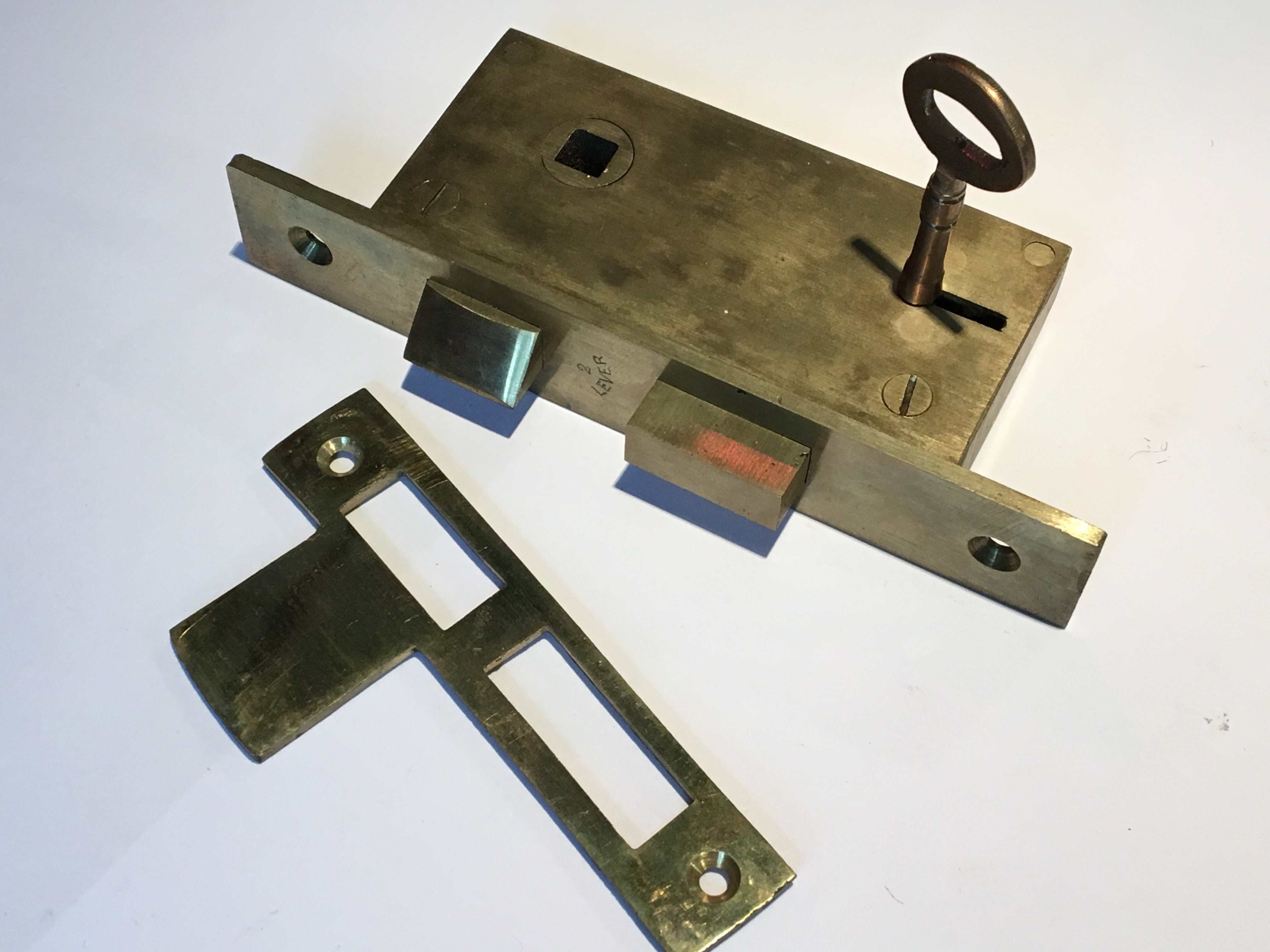 A Quality brass cast case upright mortice lock with GM key strike plate and Marine Quality