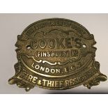 A brass safe makers plaque. CookeÕs of Finsbury London. 16x12cm