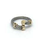 An unusual woven steel and gold ring size L.