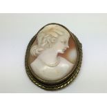 A 1950s yellow metal mounted shell cameo brooch (a