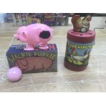 Handle winding clucking hen toy and a Walkie Porkie pig in Original box