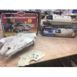 Star Wars, vintage boxed Millenium falcon (missing parts) and Rebel transporter (missing parts)