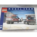 Lego, Model Team, boxed #5590, Articulated lorry with trailer carrying Helicopter, has been