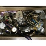 A box of mixed costume jewellery and watches