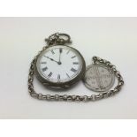 A silver pocket watch, chain and fob.