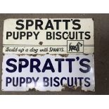 2 original enamel advertising signs for Spratt'S puppy biscuits, each 76 x 30.5cm.